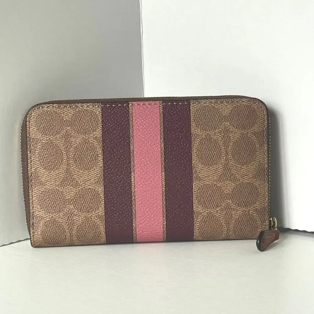 Coach Medium Zip Wallet Brown Signature Canvas Varsity Stripe ID CBO79